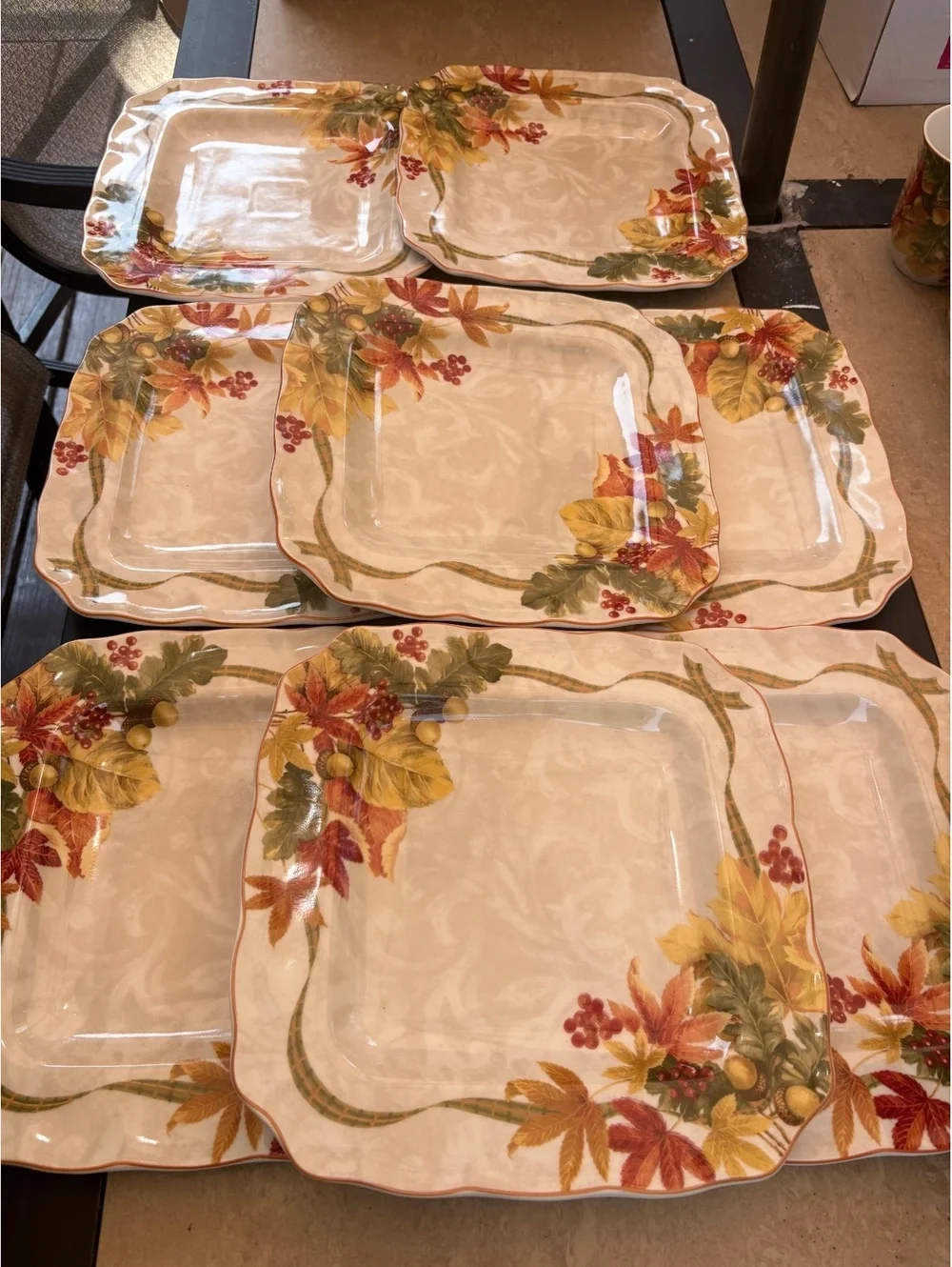Dinner Plates 222 Fifth Autumn Celebration Leaves Design Square Set of 8